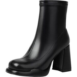 🆕Women Black Boots Platform Chunky Heel Ankle Boots Square Toe Mid Calf Boots